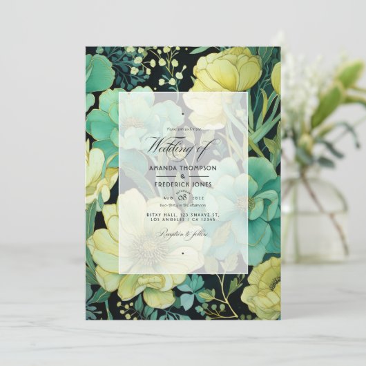 Champagne, Groen, en Zwart Bloemen Huwelijk Kaart (Staand voorkant)