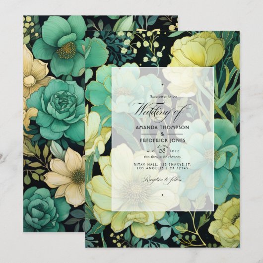 Champagne, Groen, en Zwart Bloemen Huwelijk Kaart (Voorkant / Achterkant)