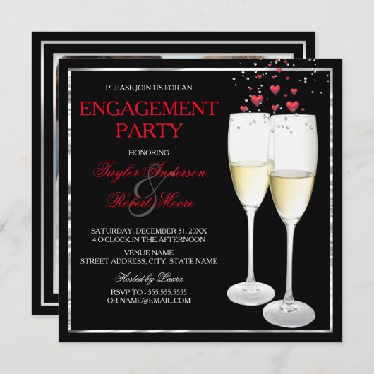 Champagne Heart Engagement Party - Fotouitnodiging Kaart (Voorkant / Achterkant)