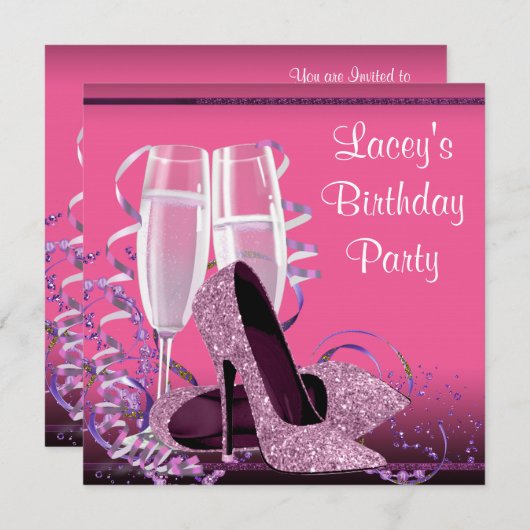 Champagne High Heel Vrouwen Hot Pink Verjaardagsfe Kaart (Voorkant / Achterkant)