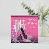 Champagne High Heel Vrouwen Hot Pink Verjaardagsfe Kaart (Staand voorkant)