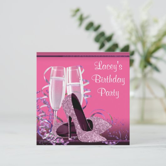 Champagne High Heel Vrouwen Hot Pink Verjaardagsfe Kaart (Staand voorkant)