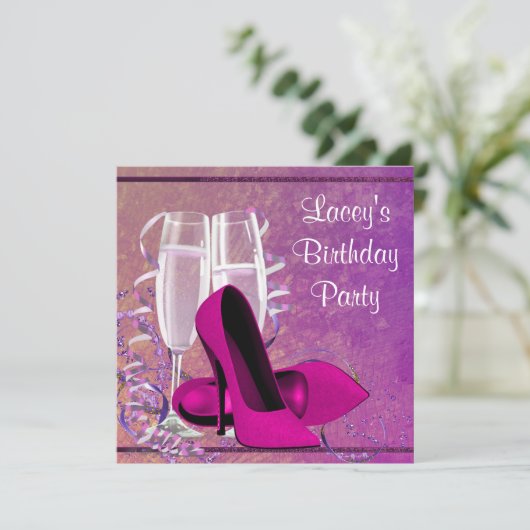 Champagne High Heel Vrouwen Hot Pink Verjaardagsfe Kaart (Staand voorkant)
