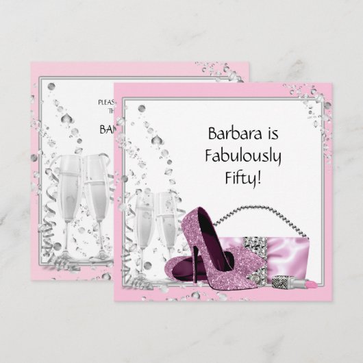 Champagne High Heels Womans Pink & Black Birthday Kaart (Voorkant / Achterkant)