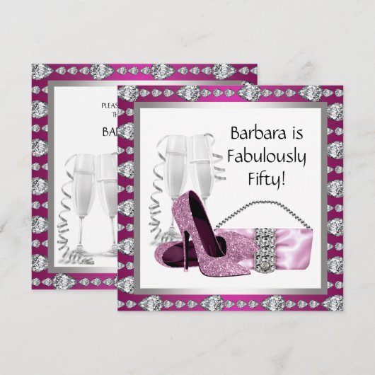 Champagne High Heels Womans Pink & Black Birthday Kaart (Voorkant / Achterkant)