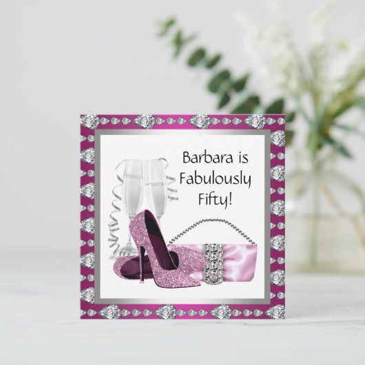 Champagne High Heels Womans Pink & Black Birthday Kaart (Staand voorkant)