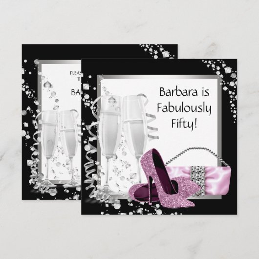 Champagne High Heels Womans Pink & Black Birthday Kaart (Voorkant / Achterkant)