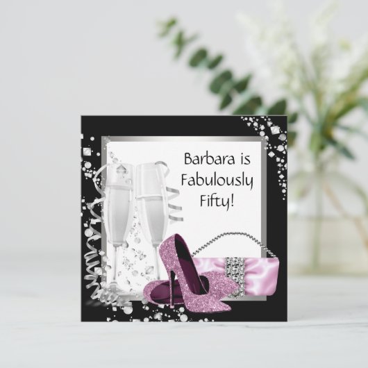 Champagne High Heels Womans Pink & Black Birthday Kaart (Staand voorkant)