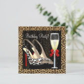 Champagne hoge hakken luipaard verjaardag kaart (Staand voorkant)