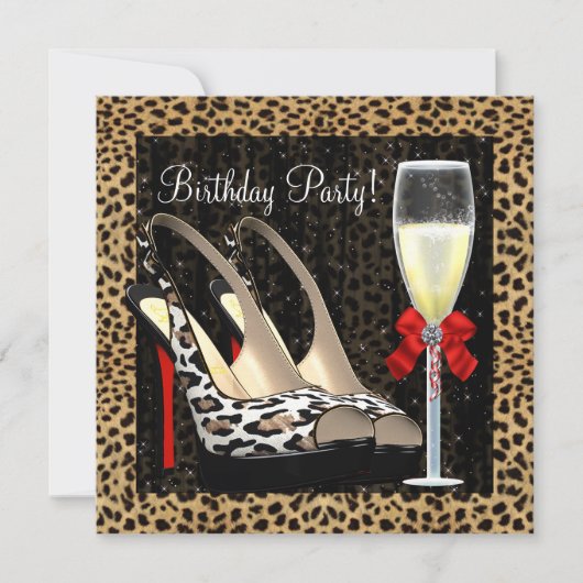 Champagne hoge hakken luipaard verjaardag kaart (Voorkant)