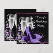 Champagne Hoge Heel Vrouwen Paarse Verjaardag Part Kaart (Voorkant / Achterkant)