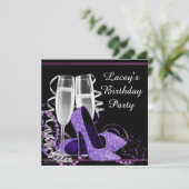 Champagne Hoge Heel Vrouwen Paarse Verjaardag Part Kaart (Staand voorkant)