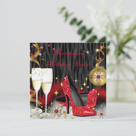 Champagne Holiday Party Red High Heels Kaart (Staand voorkant)