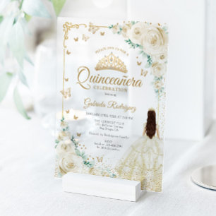 Champagne Ivoor Aquarel Rozen Gouden Quinceanera Acryl Uitnodigingen