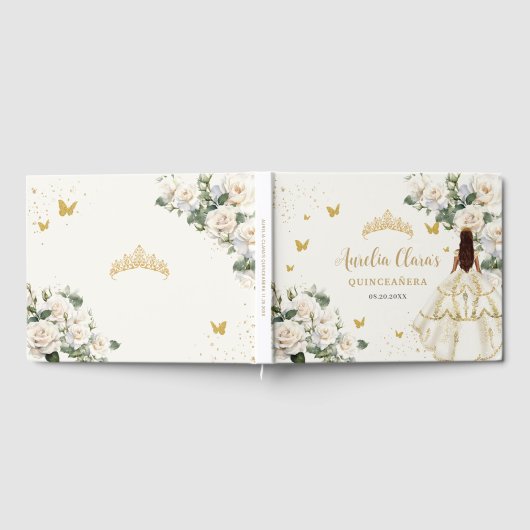 Champagne Ivoor Bloemen Vlinders Quinceañera Gastenboek (Volledig)