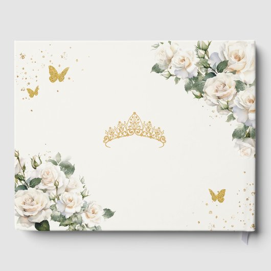 Champagne Ivoor Bloemen Vlinders Quinceañera Gastenboek (Achterkant)