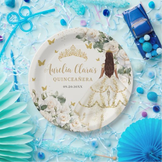 Champagne Ivoor Bloemen Vlinders Quinceañera Papieren Bordje (Feest)