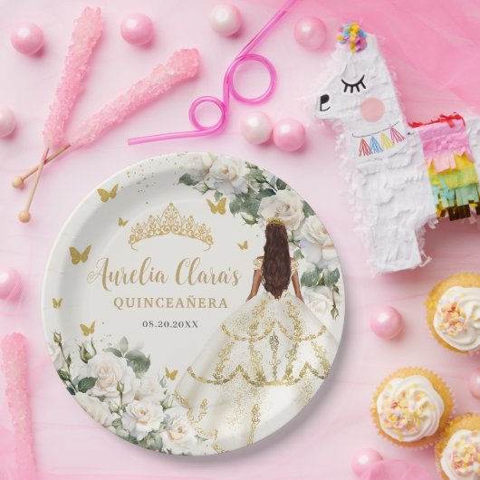 Champagne Ivoor Bloemen Vlinders Quinceañera Papieren Bordje (Feest)
