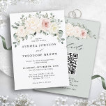 Champagne Ivoor Blush Bloemen Groen QR Bruiloft Kaart<br><div class="desc">Ivoor bloemenbruiloft uitnodiging met QR code details op de rug met elegant boeket van perzik, wit, goud, champagne ivoor, blush kleur roos, ranunculus bloemknoppen en salie groene eucalyptus bladeren en elegant waterverf boeket. Neem contact met mij op voor hulp bij maatwerk of als u een ander product met dit ontwerp...</div>