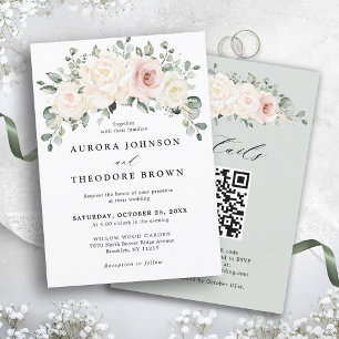 Champagne Ivoor Blush Bloemen Groen QR Bruiloft Kaart
