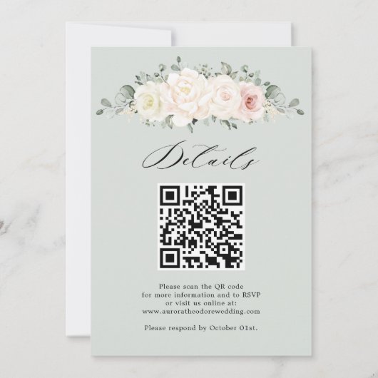 Champagne Ivoor Blush Bloemen Groen QR Bruiloft Kaart (Achterkant)