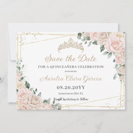 Champagne Ivoor Blush Floral Quinceañera Sweet 16 Save The Date (Voorkant)