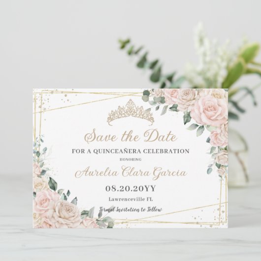 Champagne Ivoor Blush Floral Quinceañera Sweet 16 Save The Date (Staand voorkant)
