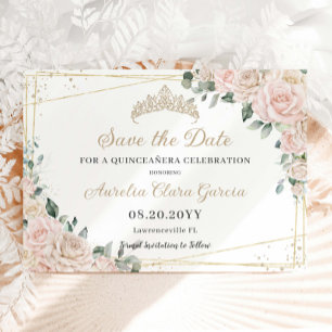 Champagne Ivoor Blush Floral Quinceañera Sweet 16 Save The Date