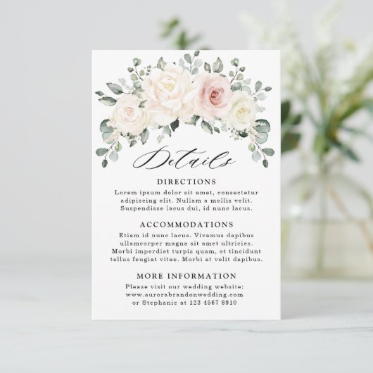 Champagne Ivoor Blush Roze Bloemen Bruiloft Detail Informatiekaartje (Staand voorkant)