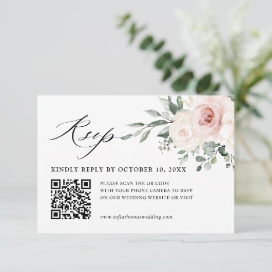 Champagne Ivoor Blush Roze Bloemen Bruiloft QR cod RSVP Kaartje (Staand voorkant)