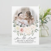 Champagne Ivoor Blush Roze Bloemen Groen Foto Save The Date (Staand voorkant)