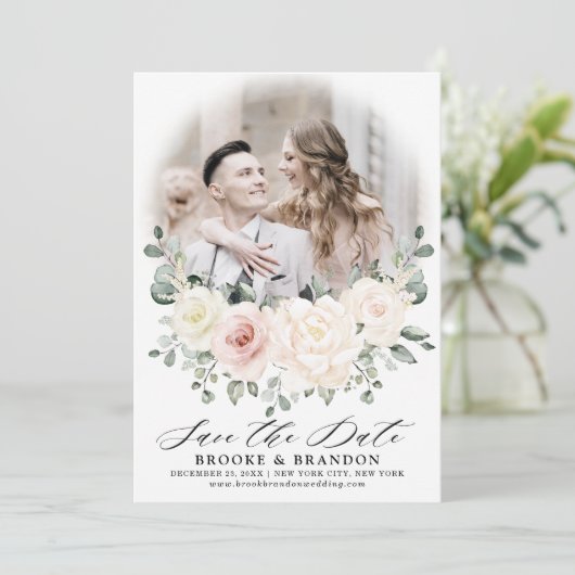 Champagne Ivoor Blush Roze Bloemen Groen Foto Save The Date (Staand voorkant)