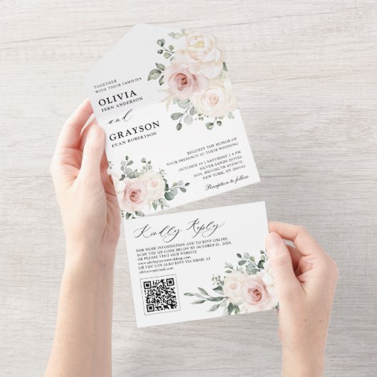 Champagne Ivoor Blush Roze Bloemen QR code Bruilof All In One Uitnodiging (Afscheurbaar)