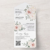 Champagne Ivoor Blush Roze Bloemen QR code Bruilof All In One Uitnodiging (Binnen)