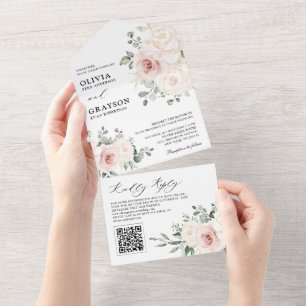 Champagne Ivoor Blush Roze Bloemen QR code Bruilof All In One Uitnodiging