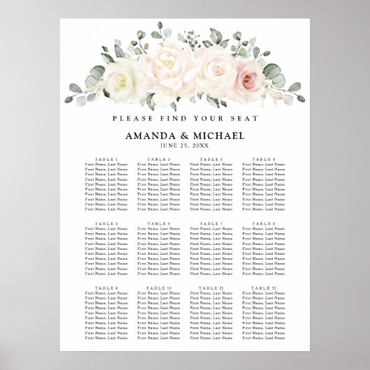 Champagne Ivoor Blush Roze Bloemen Zitkaart Poster (Voorkant)