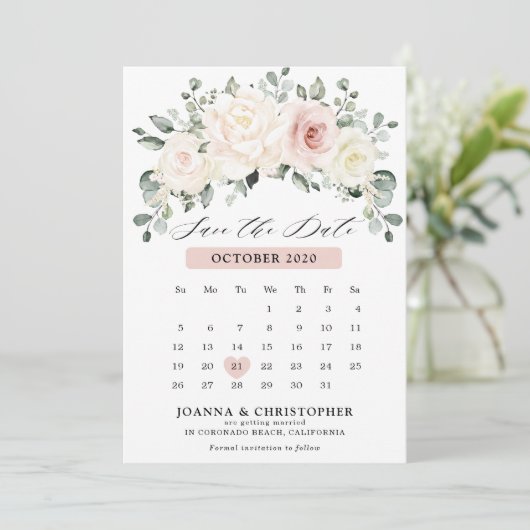 Champagne Ivoor Blush Roze Pastel Bloemenkalender Save The Date (Staand voorkant)