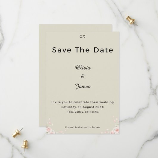 Champagne Ivoor Gefluisterde Bloemblaadjes Minimal Save The Date (Voorkant / Achterkant in situ)