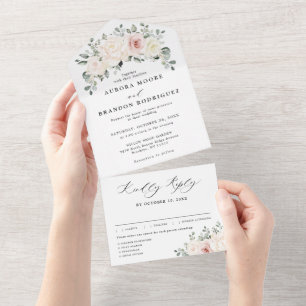 Champagne Ivory Blush Pink Floral Greenery Wedding All In One Uitnodiging