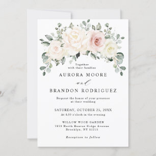 Champagne Ivory Blush Pink Floral Greenery Wedding Kaart