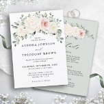 Champagne Ivory Blush Pink Floral Greenery Wedding Kaart<br><div class="desc">Ivoorkleurige bloemenbruiloft Uitnodiging met details op de achterkant met elegant boeket van perzik, wit, goud, champagne ivoor, blush kleur roos, ranunculus bloemknoppen en salie groene eucalyptus bladeren en elegant waterverf boeket. Neem contact met mij op voor hulp bij maatwerk of als u een ander product met dit ontwerp nodig hebt....</div>