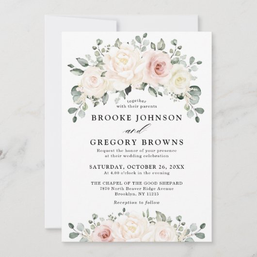 Champagne Ivory Blush Pink Floral Greenery Wedding Kaart (Voorkant)