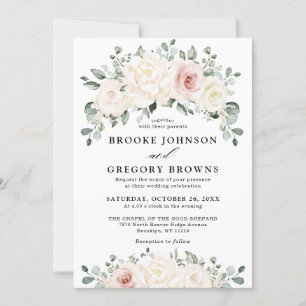 Champagne Ivory Blush Pink Floral Greenery Wedding Kaart