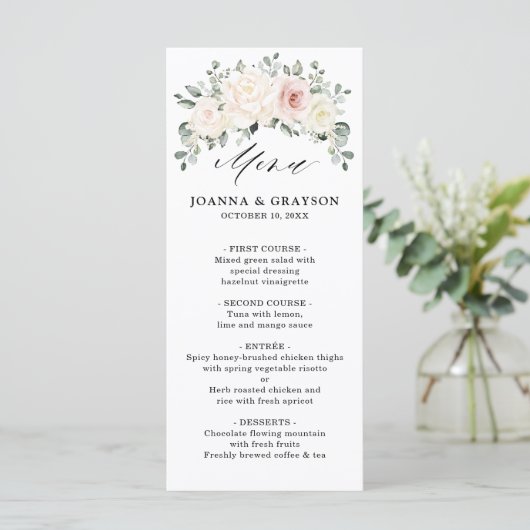 Champagne Ivory Blush Pink Floral Greenery Wedding Menu (Staand voorkant)