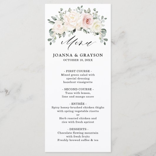 Champagne Ivory Blush Pink Floral Greenery Wedding Menu (Voorkant)