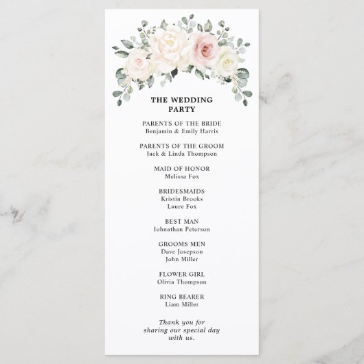 Champagne Ivory Blush Pink Floral Greenery Wedding Programmakaart (Achterkant)
