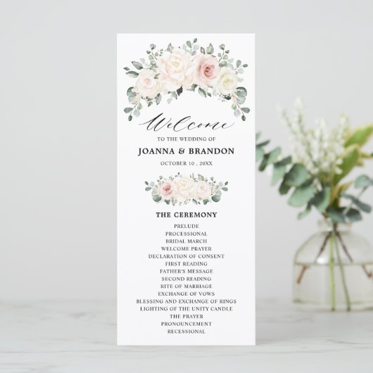 Champagne Ivory Blush Pink Floral Greenery Wedding Programmakaart (Staand voorkant)