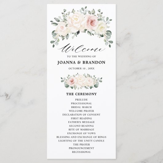 Champagne Ivory Blush Pink Floral Greenery Wedding Programmakaart (Voorkant)