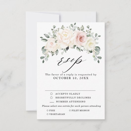 Champagne Ivory Blush Pink Floral Greenery Wedding RSVP Kaartje (Voorkant)