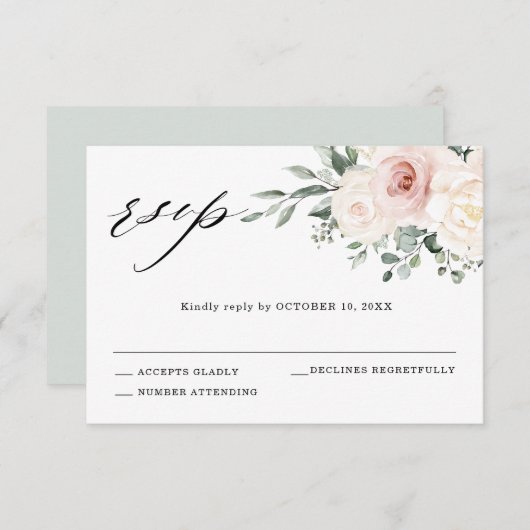 Champagne Ivory Blush Pink Floral Greenery Wedding RSVP Kaartje (Voorkant / Achterkant)
